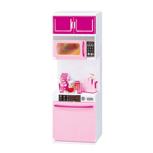3-in-1 kids kitchen playset with lights, sounds, and utensils. Fun pretend kitchen cabinet toy in pink & white, perfect for imaginative play and gifts