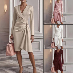 Solid Color C Long Sleeve V-pleated Design Dress