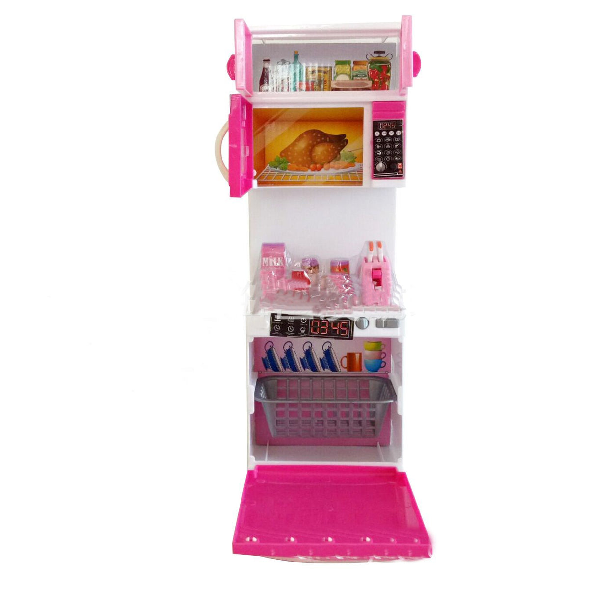 3-in-1 kids kitchen playset with lights, sounds, and utensils. Fun pretend kitchen cabinet toy in pink &amp; white, perfect for imaginative play and gifts