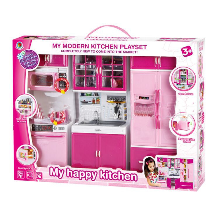 3-in-1 kids kitchen playset with lights, sounds, and utensils. Fun pretend kitchen cabinet toy in pink & white, perfect for imaginative play and gifts