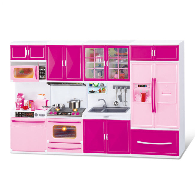3-in-1 kids kitchen playset with lights, sounds, and utensils. Fun pretend kitchen cabinet toy in pink & white, perfect for imaginative play and gifts