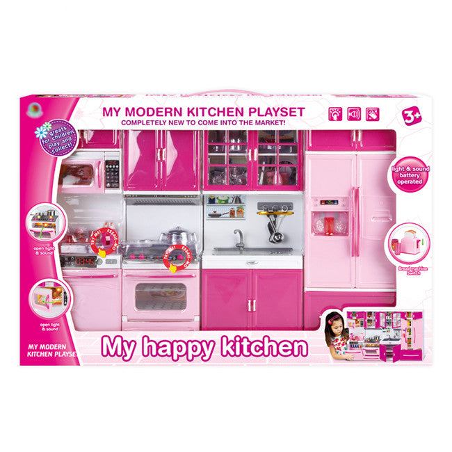 3-in-1 kids kitchen playset with lights, sounds, and utensils. Fun pretend kitchen cabinet toy in pink &amp; white, perfect for imaginative play and gifts