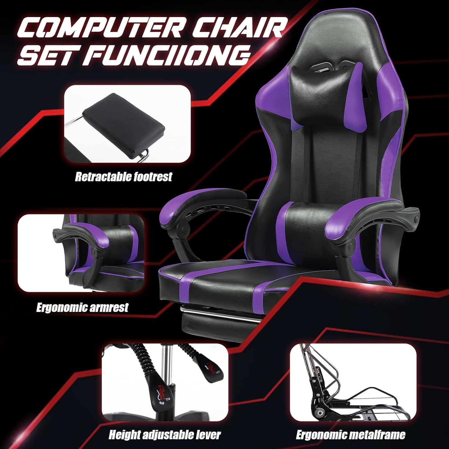 Ergonomic Gaming Chair For Adults, Adjustable Lumbar Backrest Office Chair