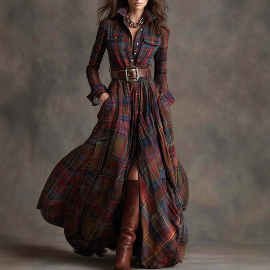 Ins Plaid Print Long-Sleeved Dress Fashion Pockets Collared Buttons Shirt Long Dresses Retro Women's Clothing